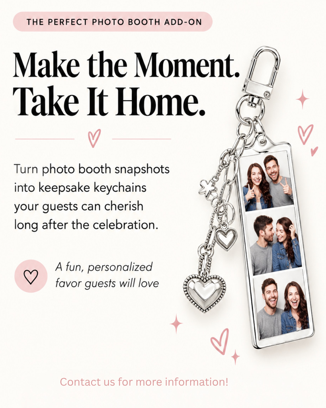 Personalized photo booth keychain add-on from Moments Captured Photo Booth Co. featuring custom photo strip keepsakes for weddings, parties, and events.